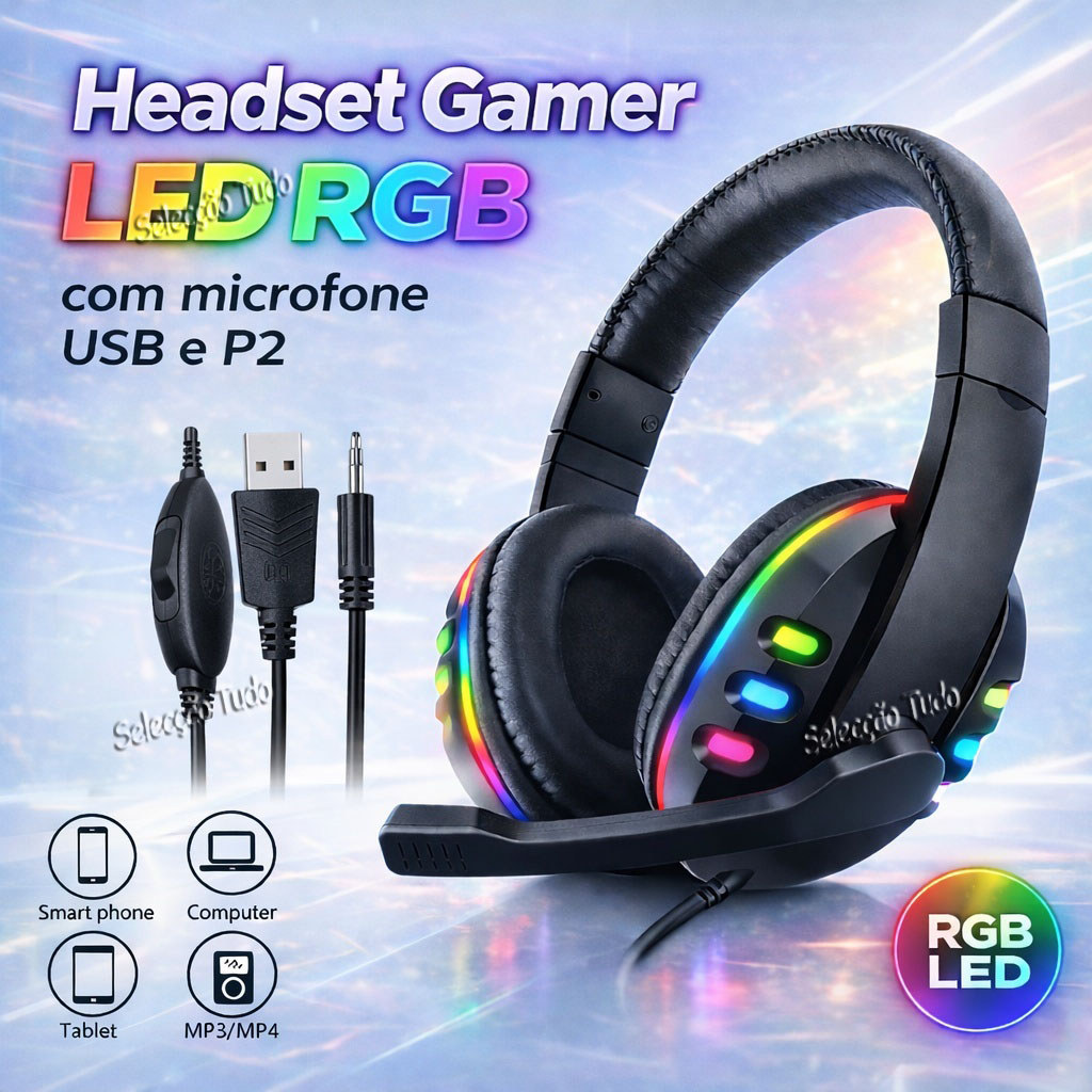 Fone De Ouvido RGB Gamer Com Microfone USB E P2 Para De Videogame De Computador PC