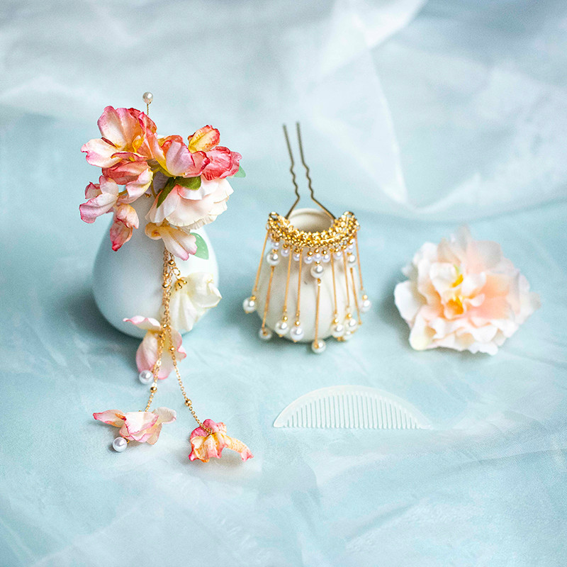Hanfu cocar borla passo agitando hairpin estilo antigo elegante flor de seda hairpin pente de cabelo conjunto completo t