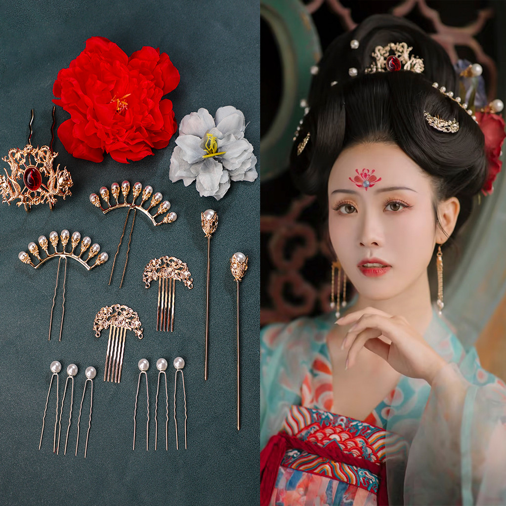 Hanfu cocar elegante menina flor de seda hairpin conjunto completo saia jóias passo agitando hairpin inserção pente anti