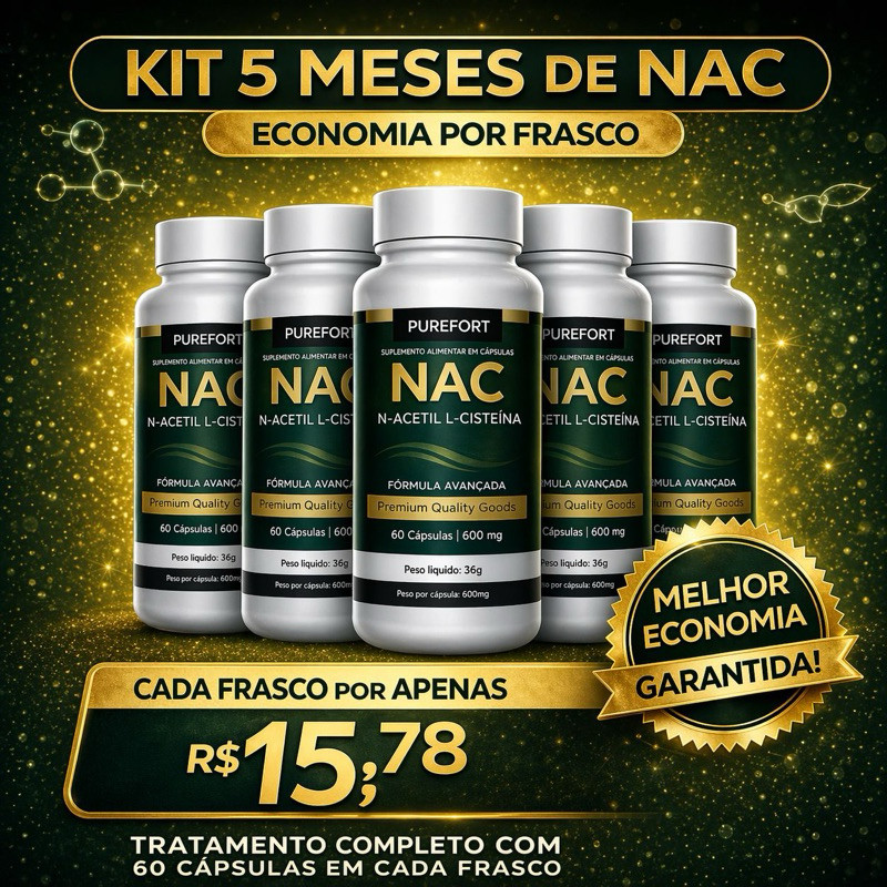 Kit Biohacker 5 Frascos NAC 600mg – N-Acetilcisteína | Precursor da Glutationa | Imunidade & Fígado Saudável 300 Caps