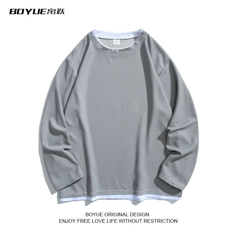 BOYUE BOYUE Primavera Outono Waffle Falso Camiseta de Duas Peças Masculina Na Moda Manga Comprida Juventude Top Base ove