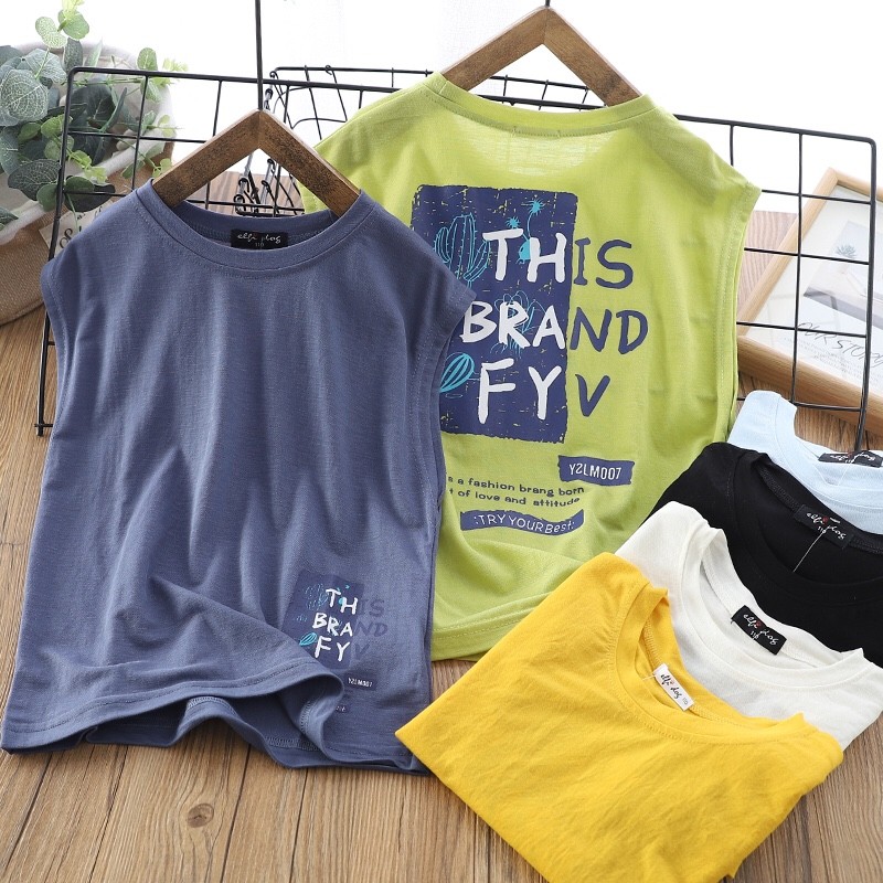 Meninos sem mangas camiseta 2024 verão novo estilo médio grande crianças moda versão coreana em torno do pescoço colete 