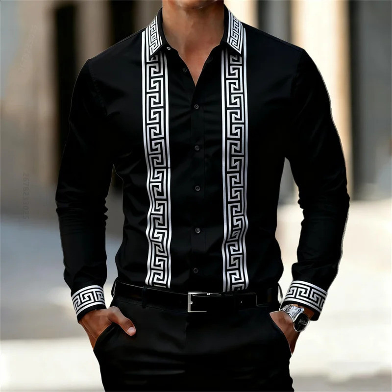 Camisa Masculina Com Estampa Geométrica Retrô , Preta Elegante De Manga Comprida , Top Masculino Casual De Negócios , Vá