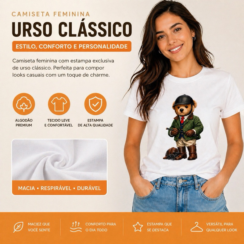 Camiseta Feminina Urso Estiloso Premium Algodão Confortável Estampa Exclusiva Tendência Moda