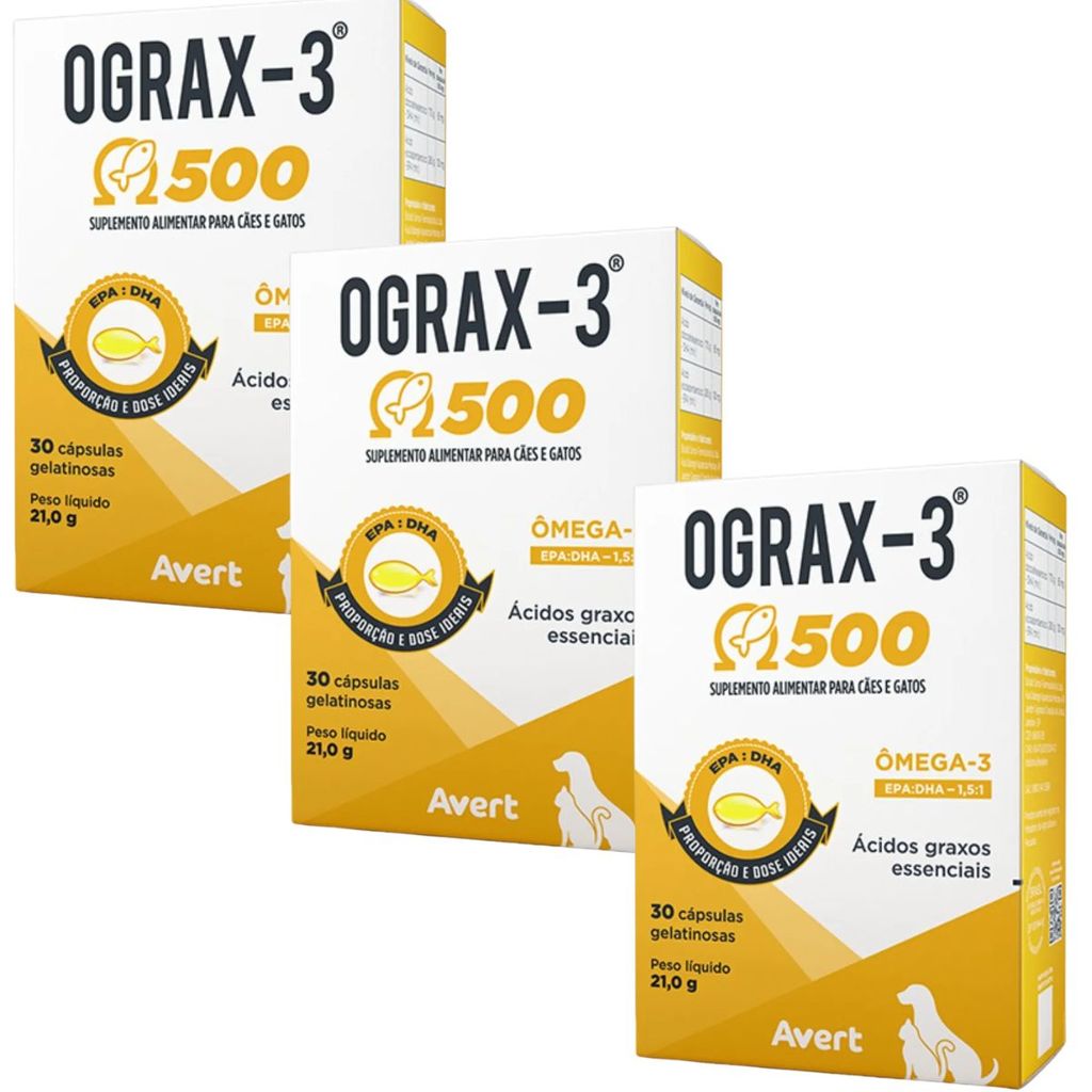 Kit 3 Ograx-3 500 Suplemento Cães Gatos Avert 30 Cápsulas