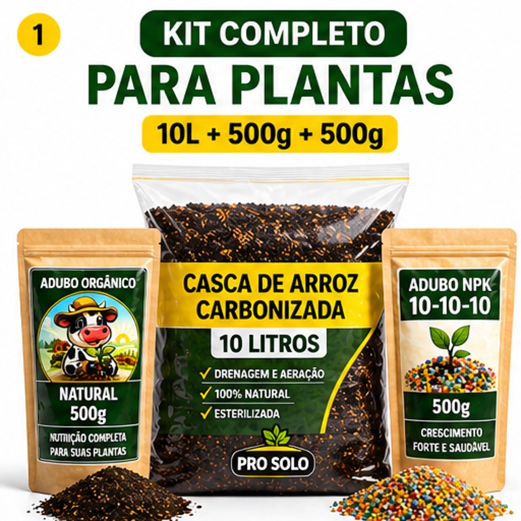 Kit Completo 10L Casca de Arroz + Adubo Orgânico + NPK 10-10-10 Substrato Plantas