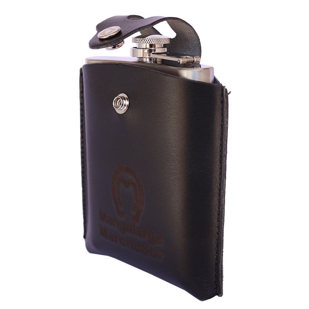 Porta Bebida Uisque Couro Legítimo Mangalarga + Cantil Inox 8 Oz