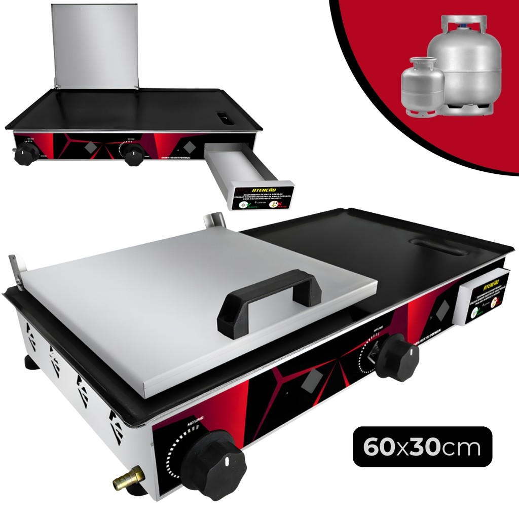 Chapa Chapeira A Gas 60x30 para Hamburguer Lanches Porções  2 Queimadores Grill