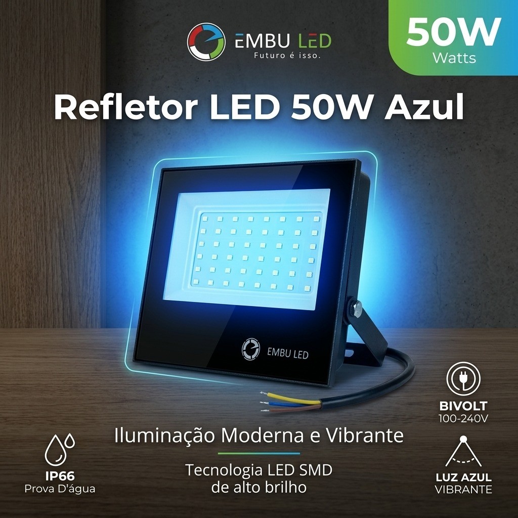 Refletor Holofote Led 50w Luz Azul Prova D'água Bivolt