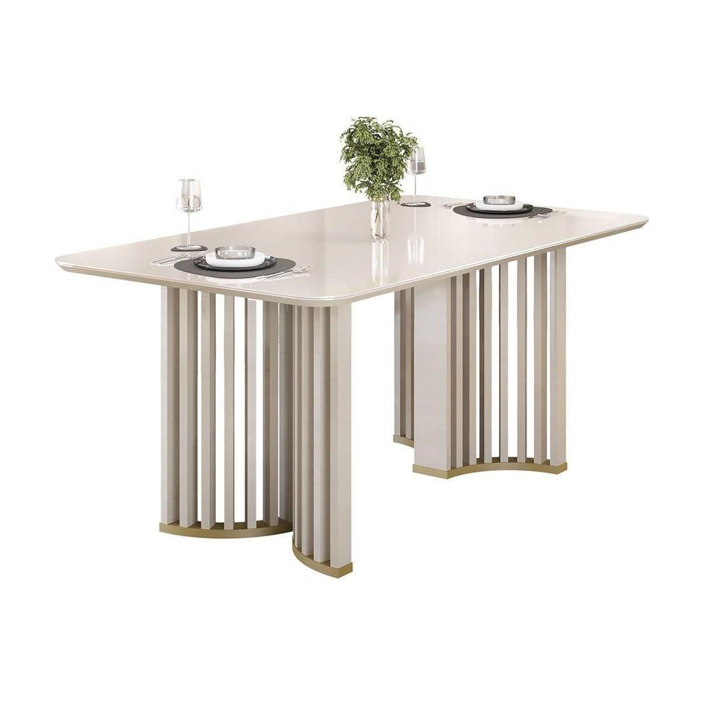 Mesa de Sala Jantar Luma c/ Tampo Madeirado c/ Vidro Curvo 170x90cm Off White/Off White - DJ Móveis
