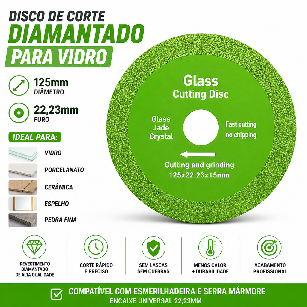Disco Diamantado Para Corte De Vidro Porcelanato Piso e Cerâmica 100mm X 20mm