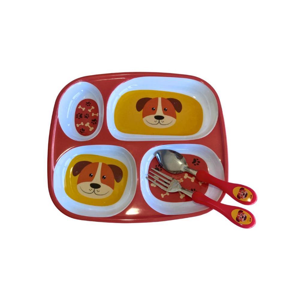 Kit Refeição Prato 4 Divisórias Infantil Com 2 Talheres Inox