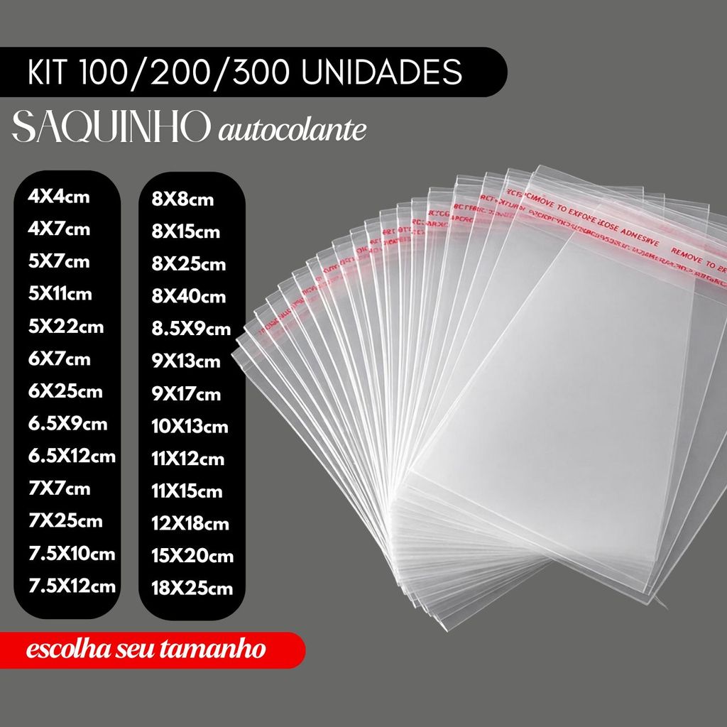 Kit 100/200 Saquinhos Autocolante Transparente Adesivo Embalagem Resistente Semijoias Roupas Papelaria Eletrônicos