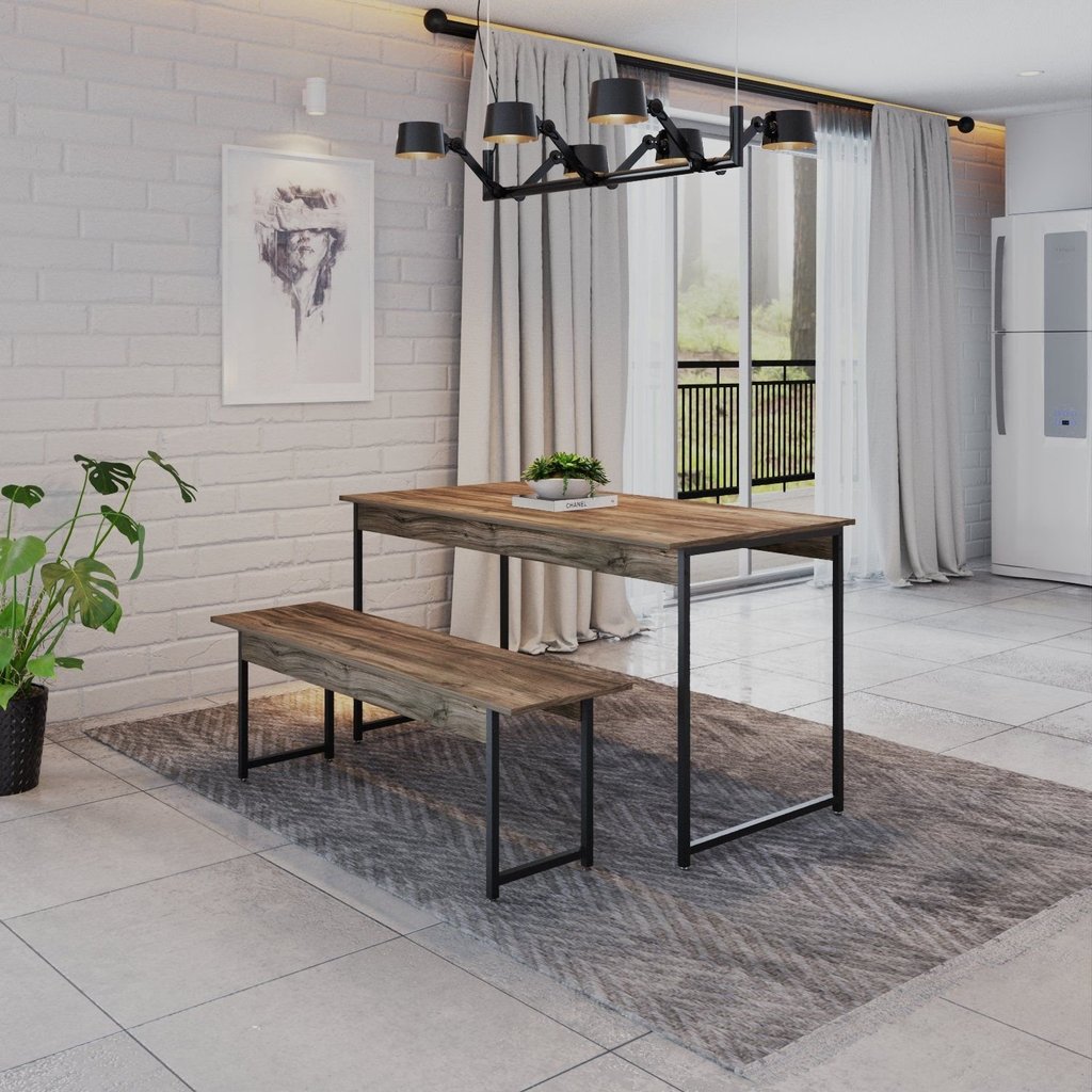 Conjunto Mesa de Jantar com 1 Banco Estilo Industrial Active Yescasa Marrom/Carvalho Dark Carvalho Dark