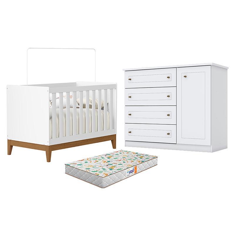 Berço Americano Flip Branco Acetinado Reller e Cômoda Infantil Americano Branco HP e Colchão Gazin - Henn