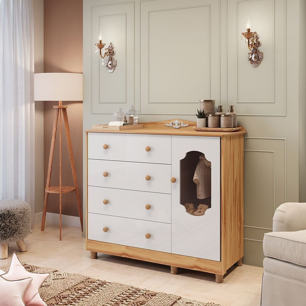Cômoda de Bebê 120,30cm 1 Porta com Janela e 4 Gavetas 100% MDF Maya Provençal Yescasa Branco/Brilho/Amêndoa Branco