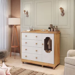 Cômoda de Bebê 120,30cm 1 Porta com Janela e 4 Gavetas 100% MDF Maya Provençal Yescasa Branco/Brilho/Amêndoa Branco