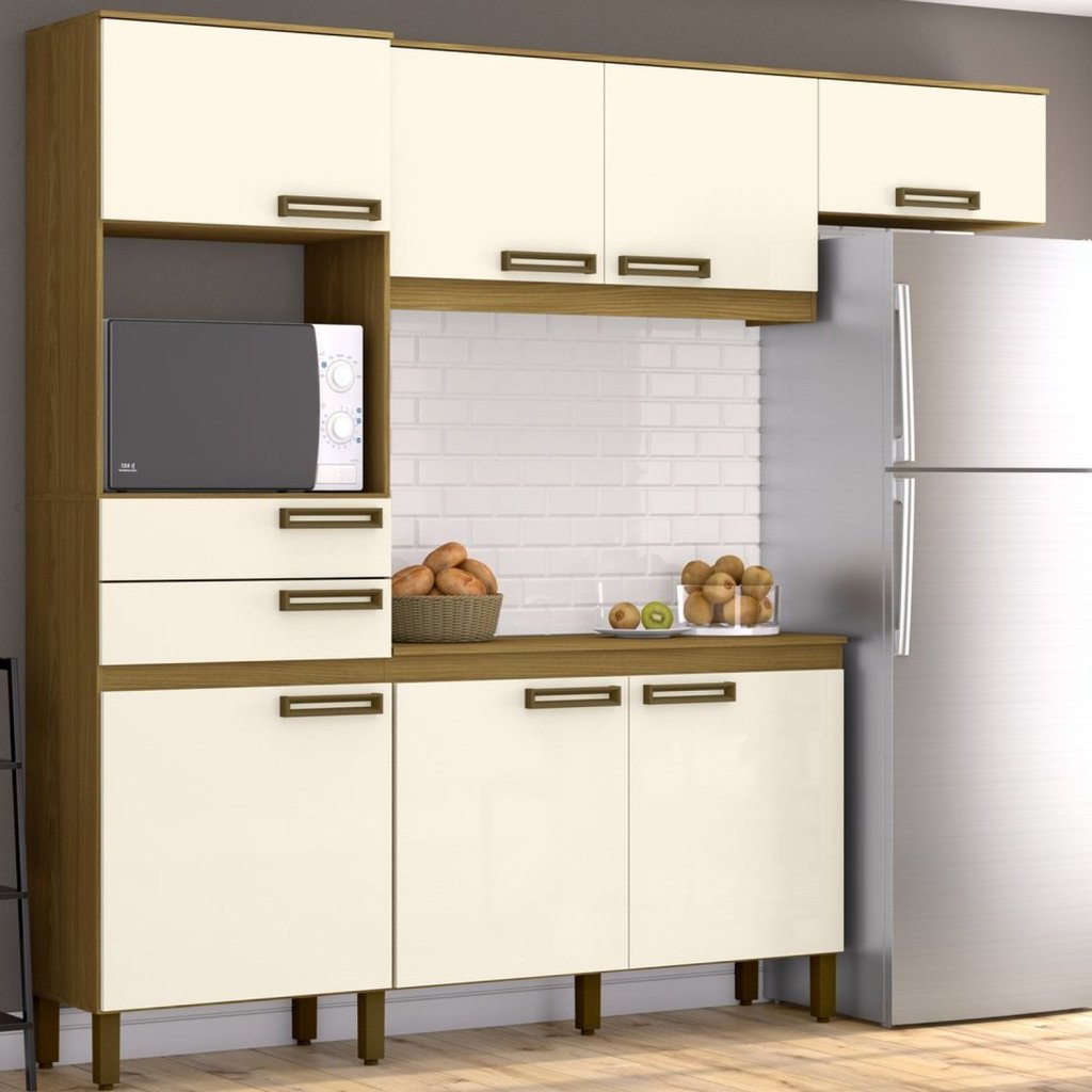Cozinha Compacta Modulada 1 Balcão 1 Armário Alto e Armário Aério 7 Portas 2 Gavetas Star Briz Bege/Nature/Off White