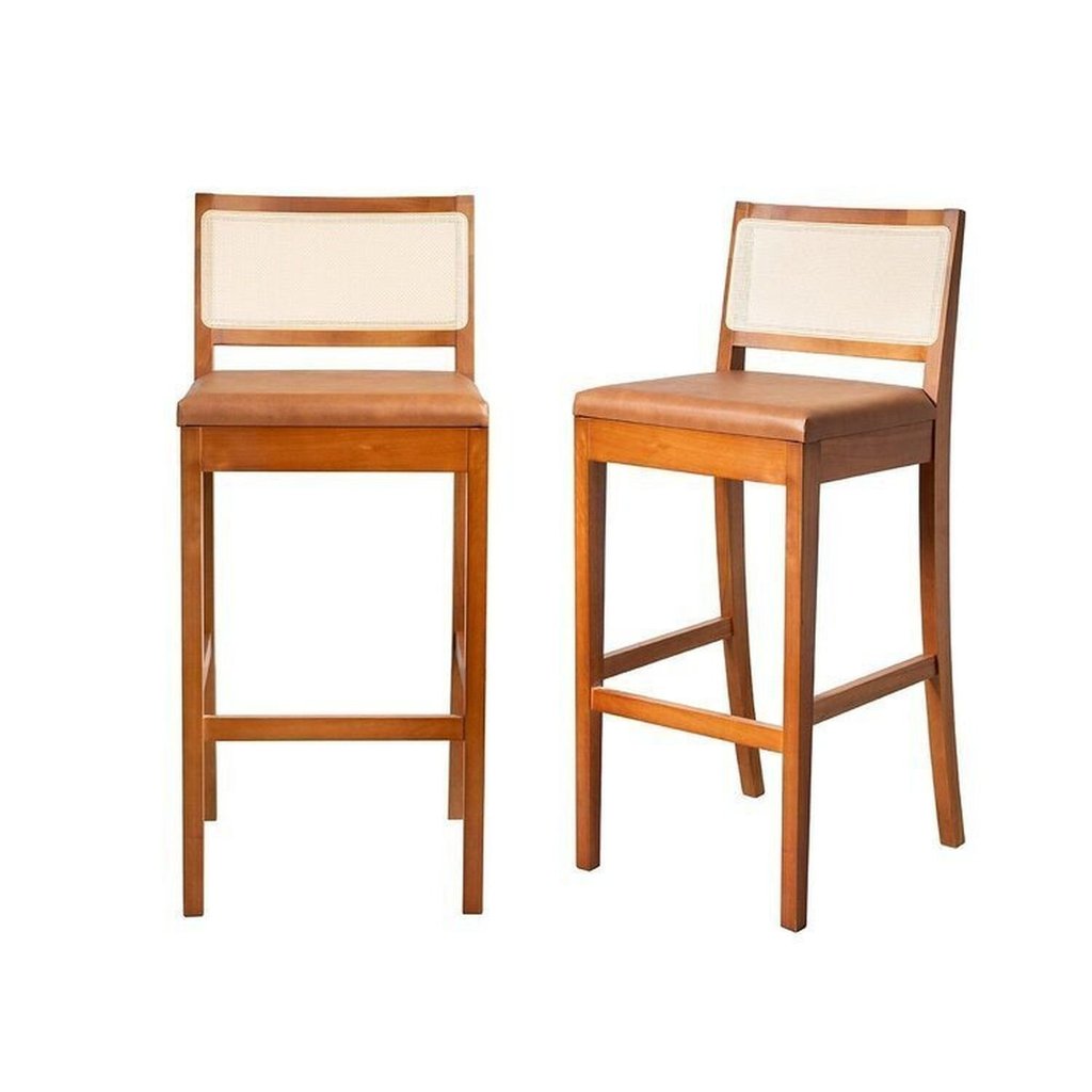 Kit 2 Banquetas com Encosto e Apoio para Pés Tiê CabeCasa MadeiraOriginals Amêndoa/Couro Caramelo