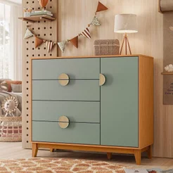 Cômoda Infantil 4 Gavetas e 1 Porta Kid em MDF Marrom/Cinamomo/Sálvia Cinamomo/Sálvia