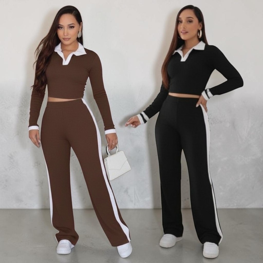 Conjunto Feminino 2 Peças Cropped Manga Longa Estilo Polo Calça Cintura Alta
