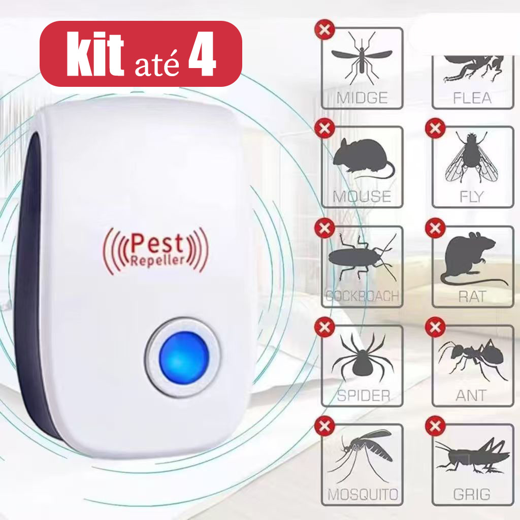 KIT com 4 Repelente Eletrônico Ultrassônico Mosca Pernilongos Baratas Morcegos repele e Espanta Ratos bivolt