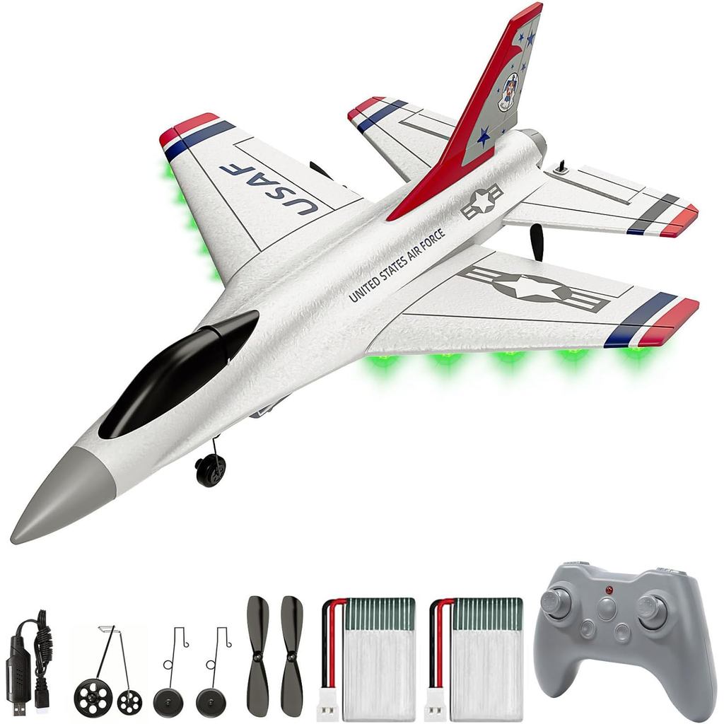 DEERC F16 Thunderbirds Avião RC, Brinquedo de Avião de Combate com Controle Remoto 3CH, Aeronave Planadora RTF com Estab