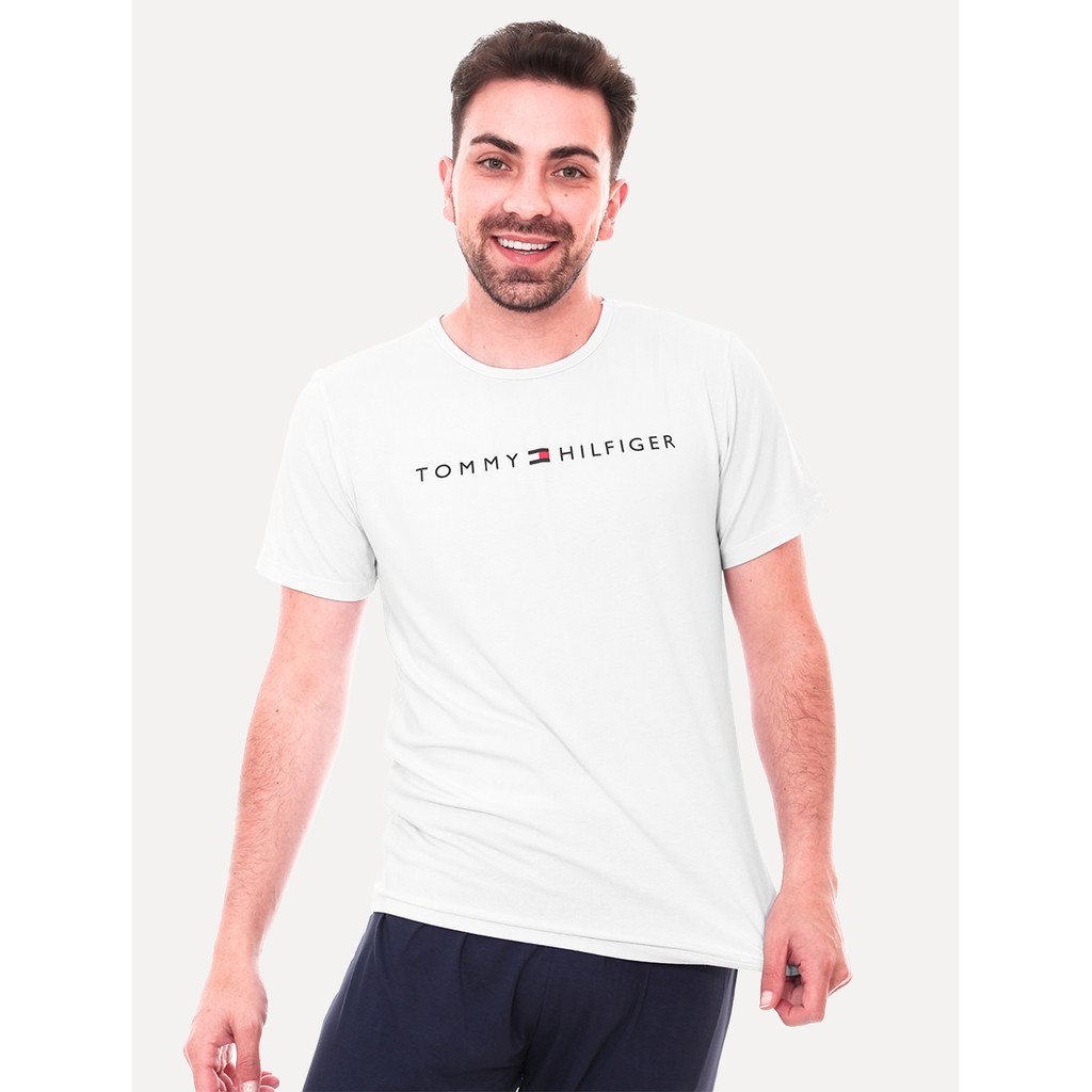 Pijama Tommy Hilfiger Masculino Manga Curta Calça Essentials Set Branco/Marinho