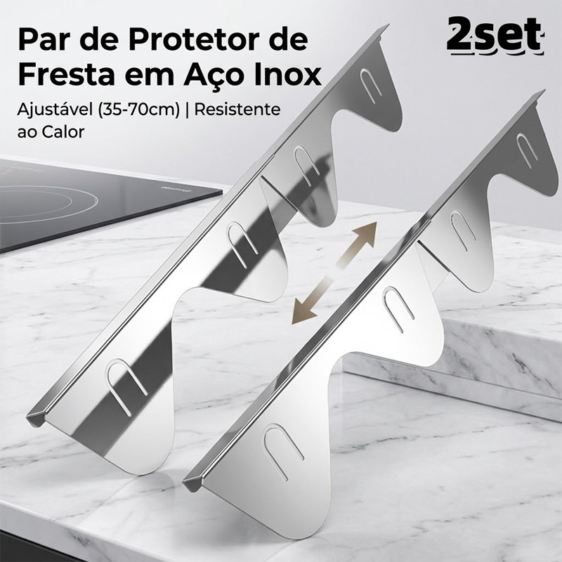 Par de Protetor de Fresta Fogão e Bancada em Aço Inox Ajustável 35 a 70cm - Veda Vão de Cozinha Resistente ao Calor