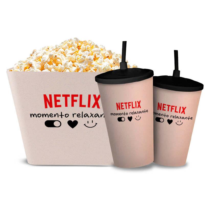 Kit Cinema Balde de Pipoca 5L + 2 Copos Com tampa Canudo Netflix Momento Relaxante