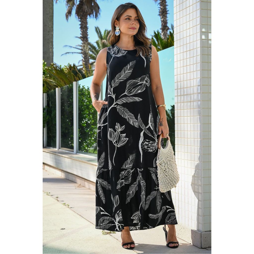 Vestido Casual Longo Talita - Estampa Preto e Branco