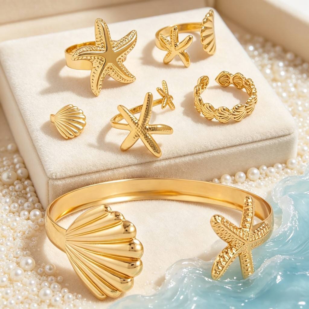 Kit Joias 5 Peças Estilo Praia - Anéis + Pulseira Dourada
