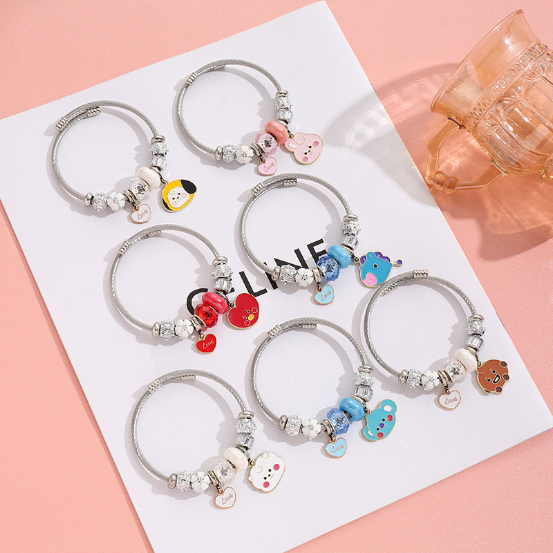 Pulseira de Aço Inoxidável BTS BT21, Não Desbotável, Estilo Cartoon Fofo, DIY, Moda Coreana, Pingente de Coração
