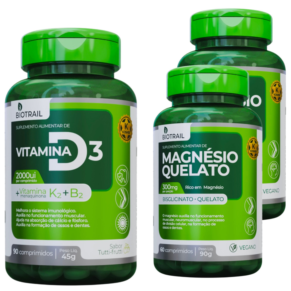 KIT 2 Magnésio Quelato Bisglicinato + 1 Vitamina D3 K2 B2 2000UI Biotrail Alta Absorção Sono Energia Imunidade
