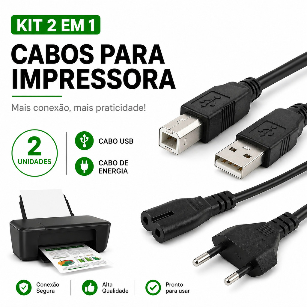 Kit Cabo Impressora USB 2.0 + Cabo Energia 2 Pinos Bivolt 1,5m Conexão Rápida Compativel Impressoras