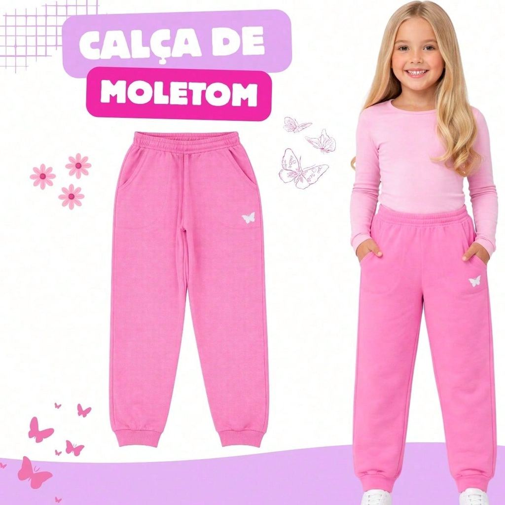 Calça 2 Bolsos Infantil Feminina Inverno Moletom Peluciado Grosso Quentinha Confortável