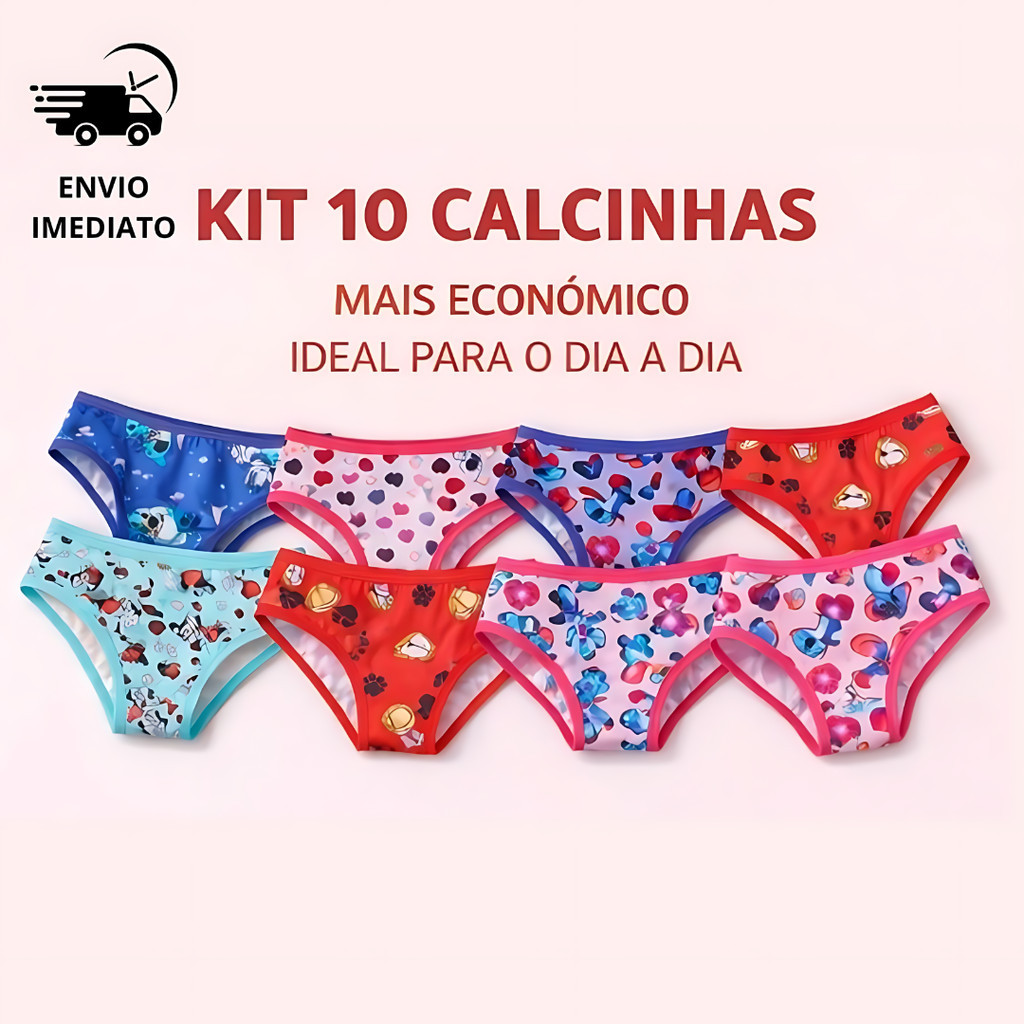 Conjunto 10 Calcinhas Infantil do P ao GG Microfibra Leve Estampas Sortidas