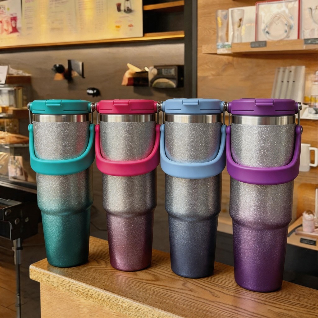 Copo Térmico Aço Inox com canudo parede dupla a vácuo quente e frio 900ml brinlhante diamante BOM