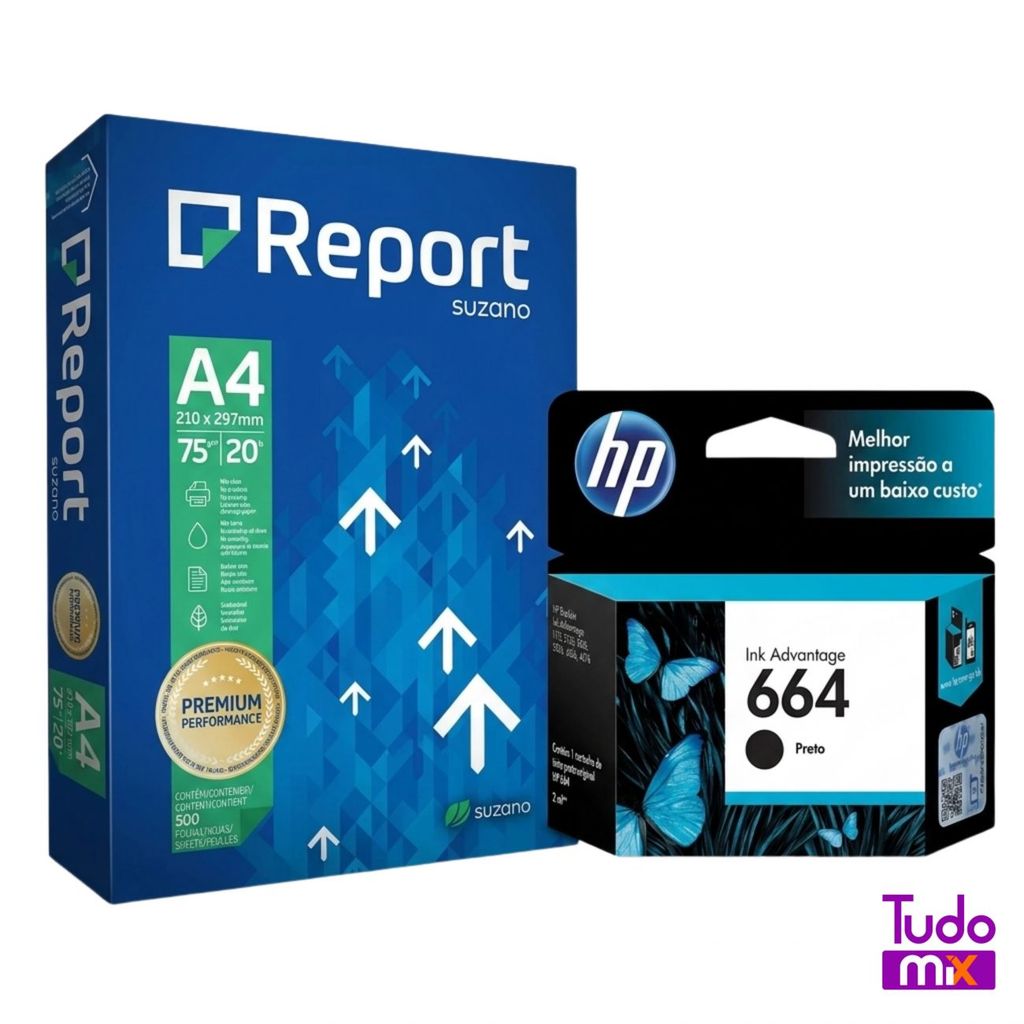 Kit Cartucho Original Hp 664 Preto + Resma Papel A4 75g Report Premium com 500 Folhas