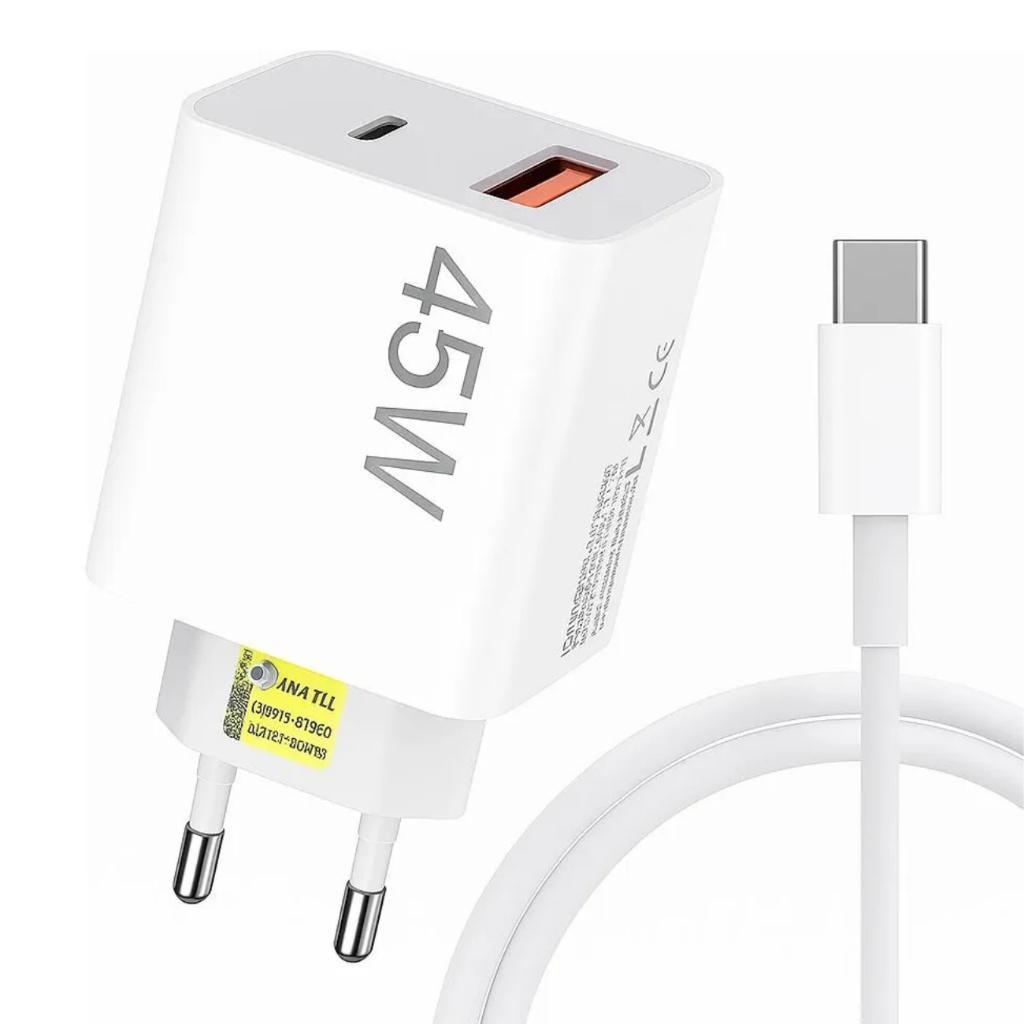 Carregador 45w Tipo C Turbo Original Lehmox Duas Entradas USB Bivolt Para Android Branco