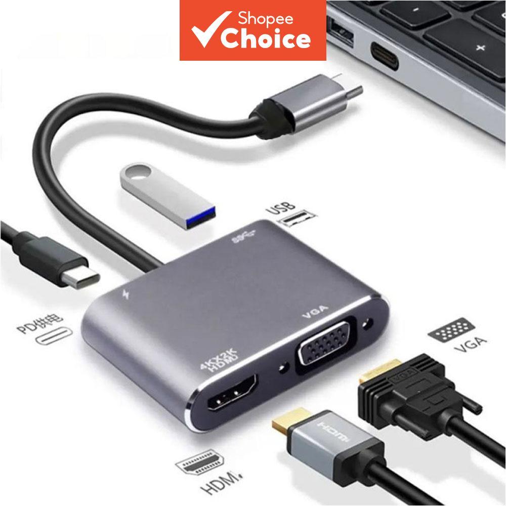 Hub 4 em 1 Tipo C 4K 60Hz HDMI VGA USB 3.0 Adaptador Conversor Multiportátil para PC Laptop