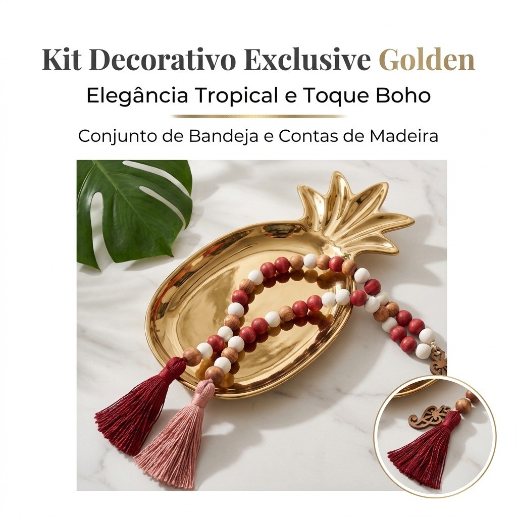 Conjunto de decoração de luxo: Bandeja dourada em formato de abacaxi e contas boêmias.