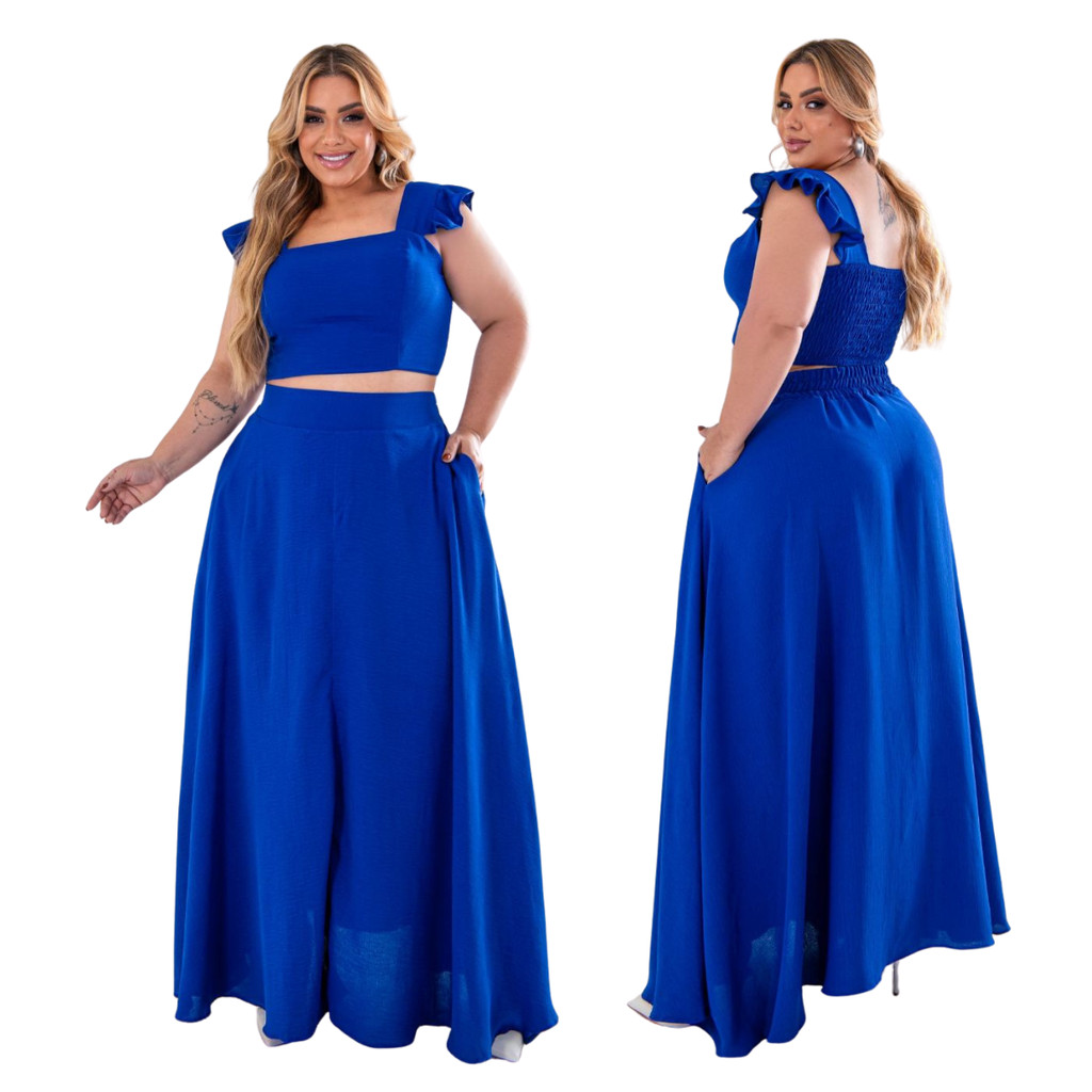 Conjunto Feminino plus size Moda maior saia godê longa e cropped de alça babado tecido crepe dunas