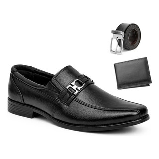 Sapato Social Masculino de Couro Legítimo Bico Quadrado Com Fivela Metal Elástico Calce Fácil Sola Borracha + Acessórios