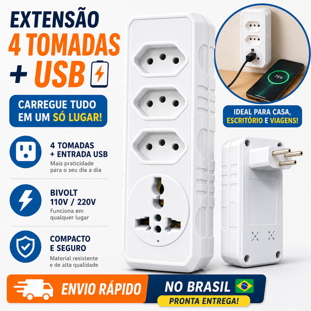 Adaptador Universal Tomada Bivolt 10A EUA Europa Brasil Conversor Plug Viagem
