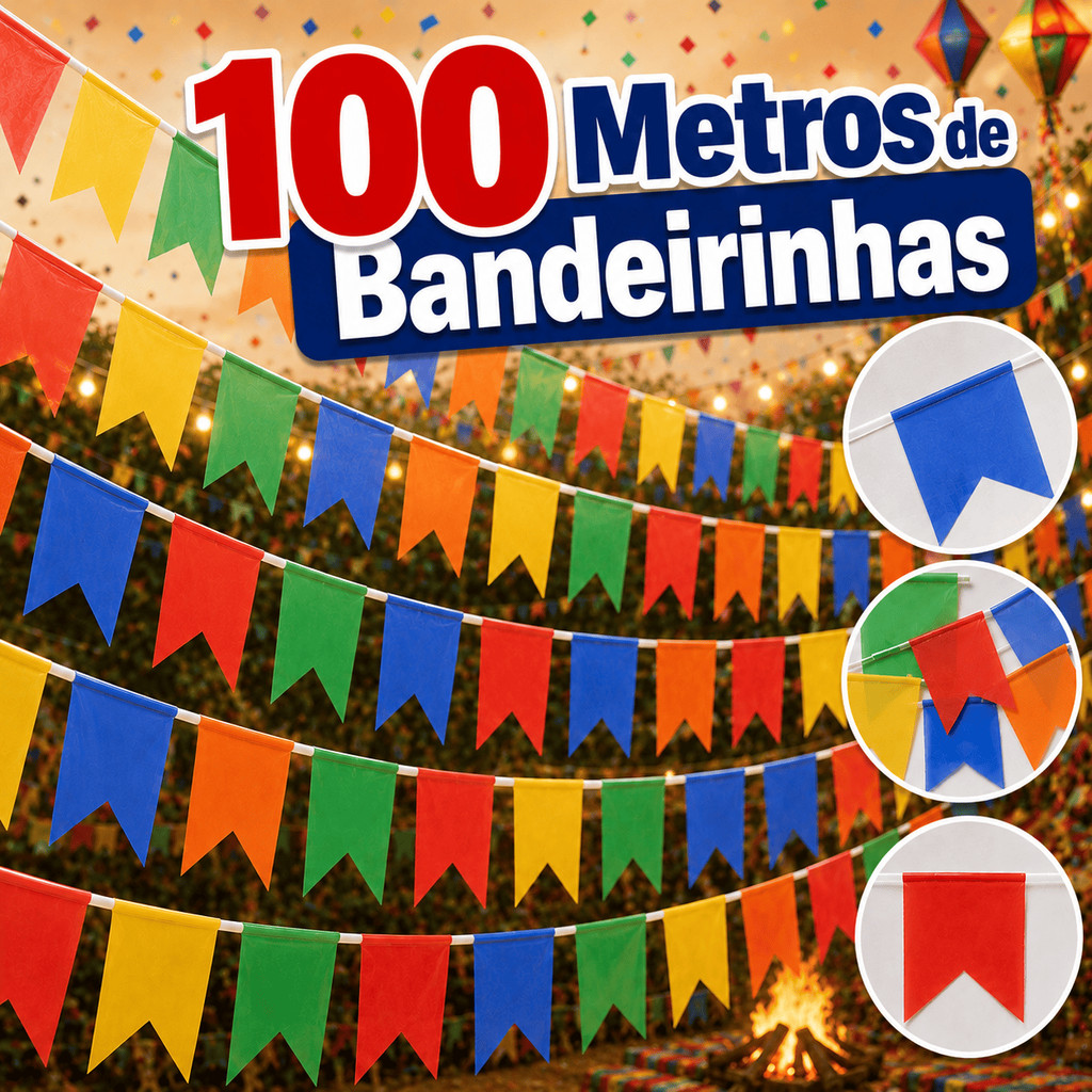 Kit Bandeirinha Festa Junina Colorida De Plástico Kit com 10/50/100 Metros