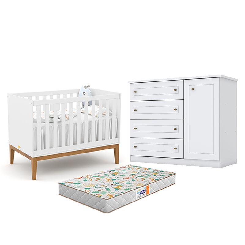 Berço Americano Unique Branco Soft Eco Wood - Matic e Cômoda Infantil Americano Branco HP e Colchão Gazin - Henn