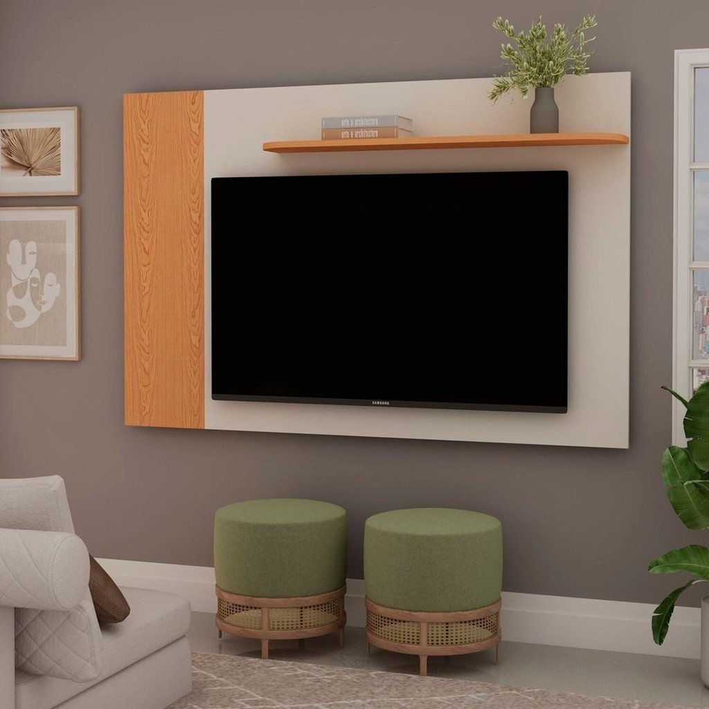 Painel para TV até 55 Polegadas 140cmx90cm 1 Prateleira Bege Cinamomo/Off White
