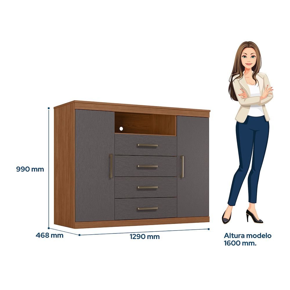 Cômoda para Quarto 2 Portas 4 Gavetas 1 Nicho Master Jatoba/Grafite