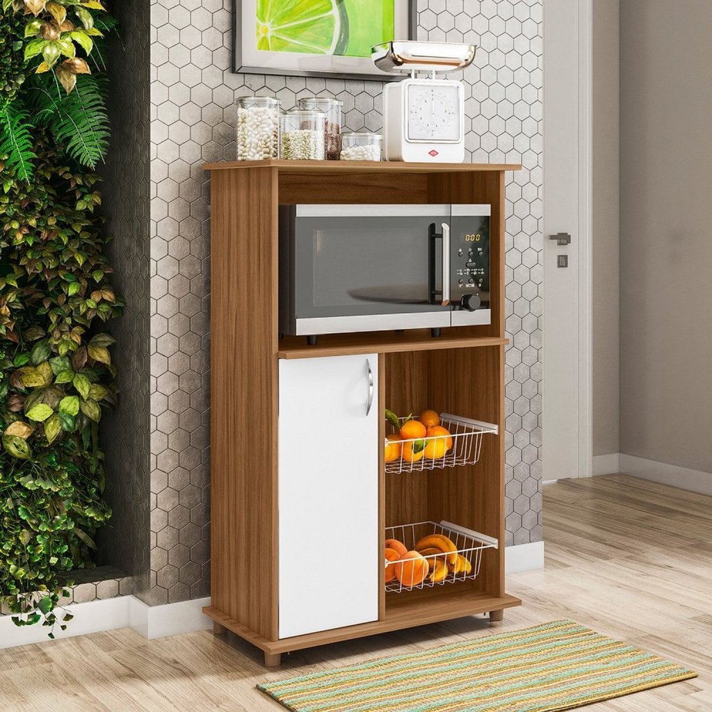 Balcão Multuso para Forno e Microondas com Fruteira 1 Porta Nt 3075 Laranja/Freijo Trend/Branco New